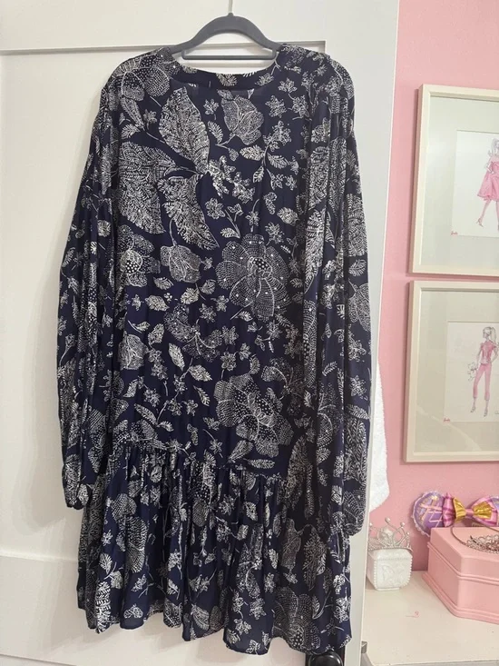 Anthropologie Navy Blue Floral Asymmetrical Tiered Dress - Picture 3 of 3